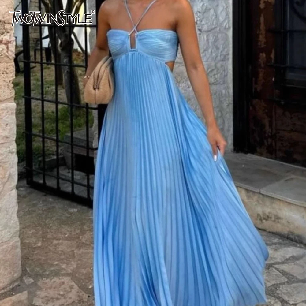 

TWOTWINSTYLE однотонные минималистичные утягивающие платья для женщин с лямкой на шее без рукавов и высокой талией темпераментное длинное платье женское
