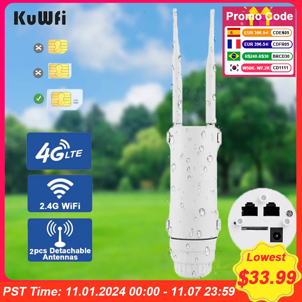 

KuWFi 300Mbps Outdoor LTE Router CAT4 4G Router Wireless Wi-Fi Detachable External Antenna WAN LAN Port Support 24V POE 64 Users