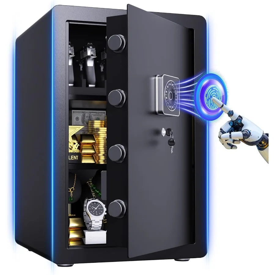 

3.5 Cuft Fireproof and Waterproof Safe Box with Biometric Lock for Money Storage Removable Shelves LED Light Compact Design Ide