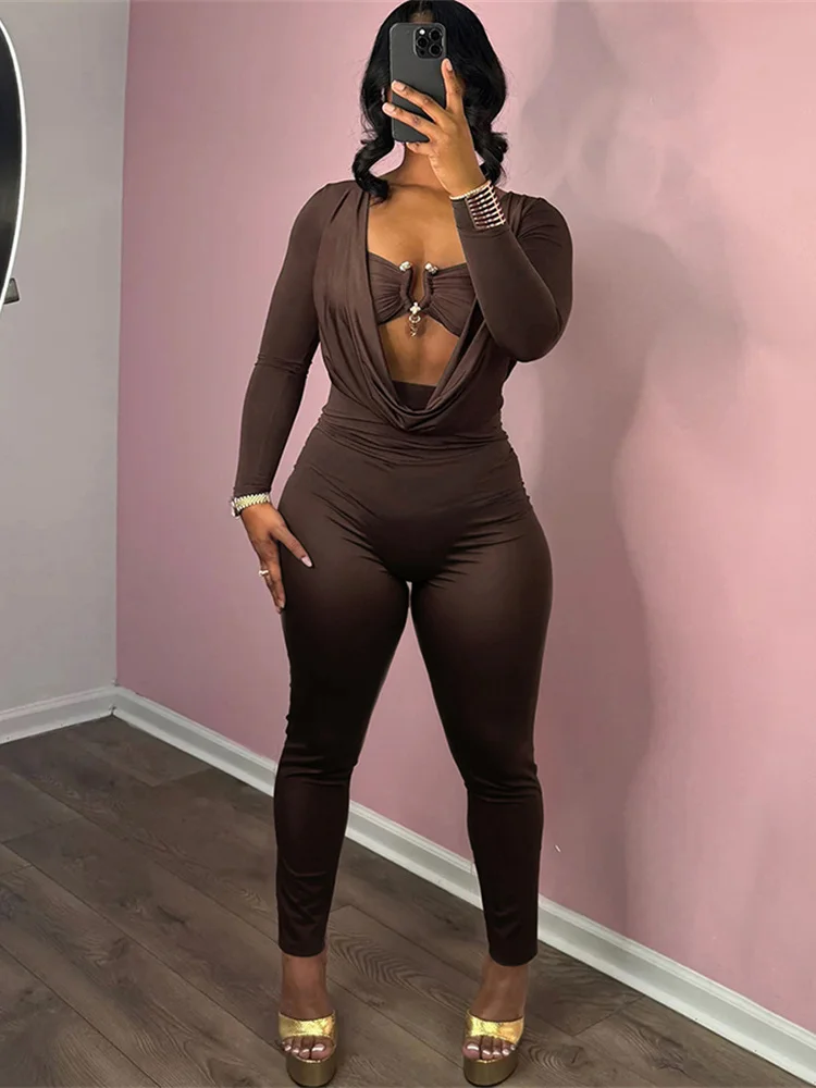 Midnight Jumpsuits Women Metal Decoration  Sexy Fashion Hollow Swing Collar Full Sleeve Skinny Peach Hip Party Overalls