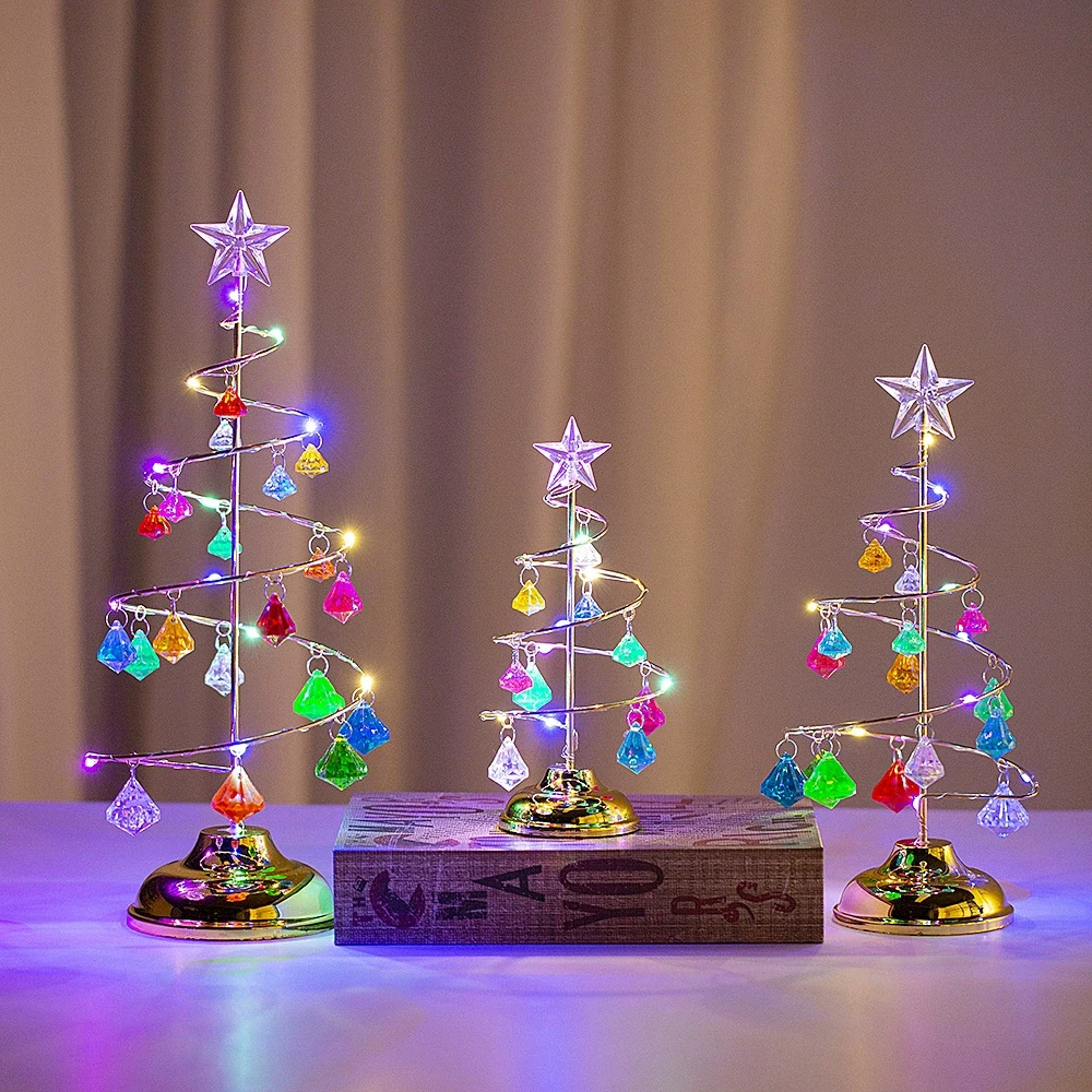LED Christmas Tree Lamp Small Crystal Decorative Iron Tree Night Light Ornament for Gift