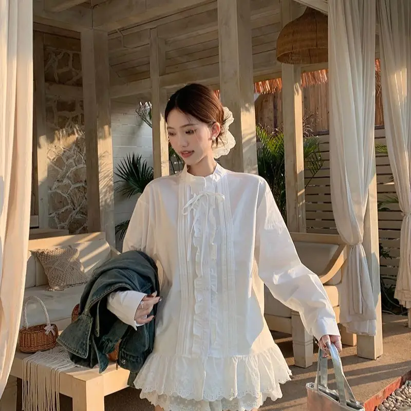 

White Lace Blouse Set Women High Neck Ruffle Trim Shirt Skirt Two Piece Outfit Spring Cottagecore Aesthetic Sweet Fashion