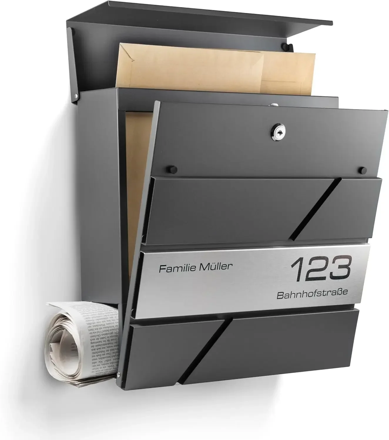 NewHabitat I Modern Briefkasten Anthracite mit Zeitungsfach - Wandbriefkasten personalisiert mit