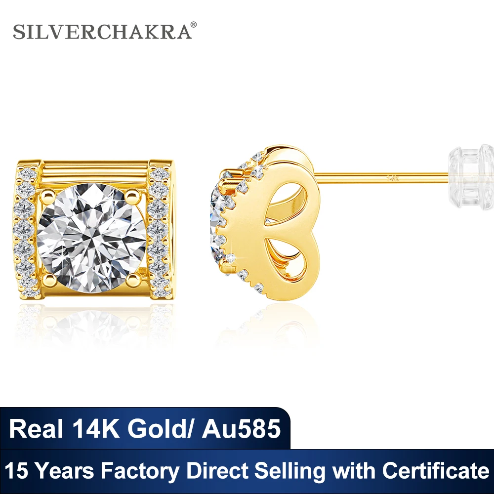 Classic 14K Gold Stud Earrings Round Cut Moissanite Diamond 585 Gold Original Earrings for Women Wedding Engagement Jewelry