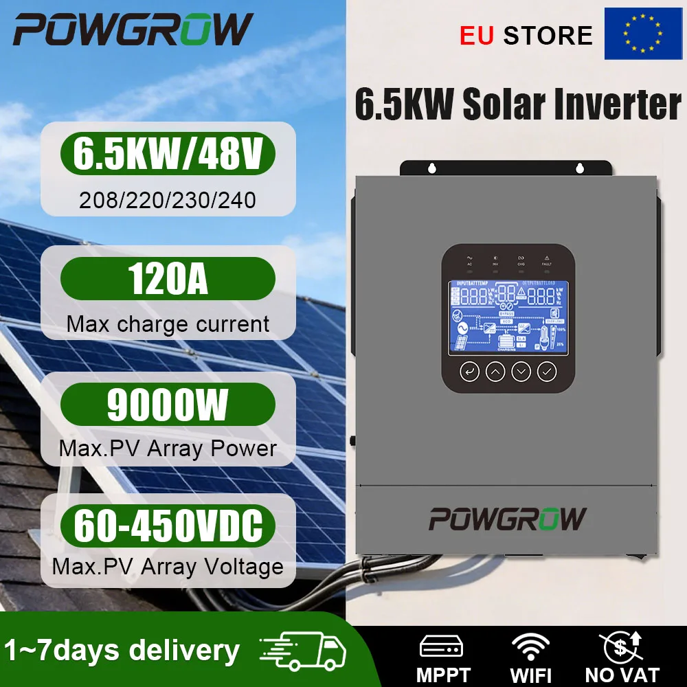 POWGROW 6.5KW 48V Hybride omvormer Pure Sinusgolf MPPT 60-450V 9000W PV-ingang 120A Max. laadpiek 12000W Schakelaar 10ms Geen batterij nodig EU