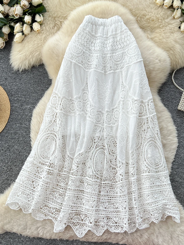 الكورية Sle الحلو الثقيلة التطريز تفريغ الدانتيل ألف خط ميدي تنورة المرأة عالية الخصر التخسيس Ci تخفيف ألياف البوليستر #4