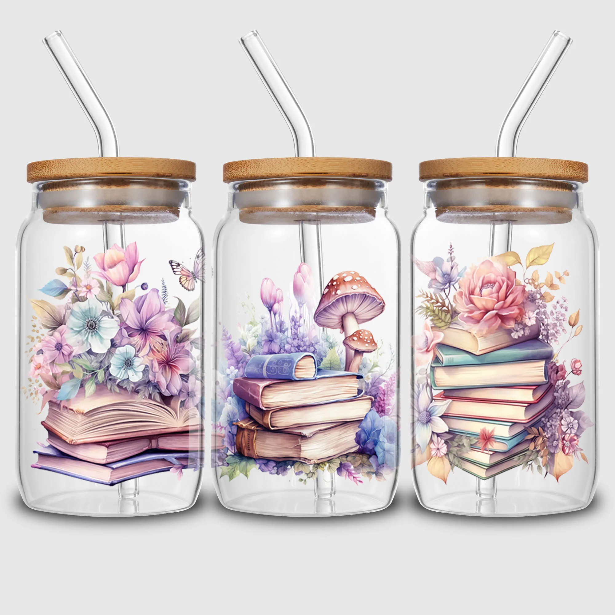 5 Sheets Book and Flower UV DTF Cup Stickers, Glass DTF Transfer Stickers, Waterproof Wipe Transfer Paper for 16 oz Glass, Mugs