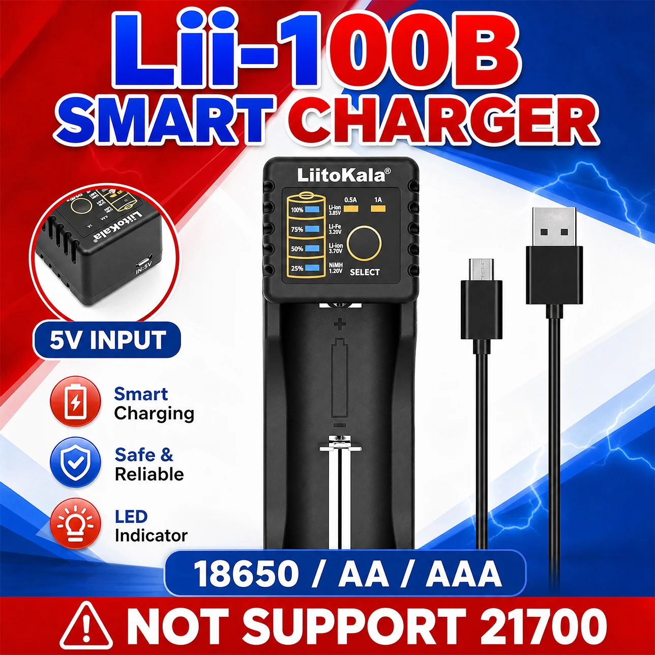LiitoKala Lii-100B Smart Charger 500mA 1000mA LED Display For 18650 26650 16340 14500 AA AAA NiMH Li-ion Portable Power Bank