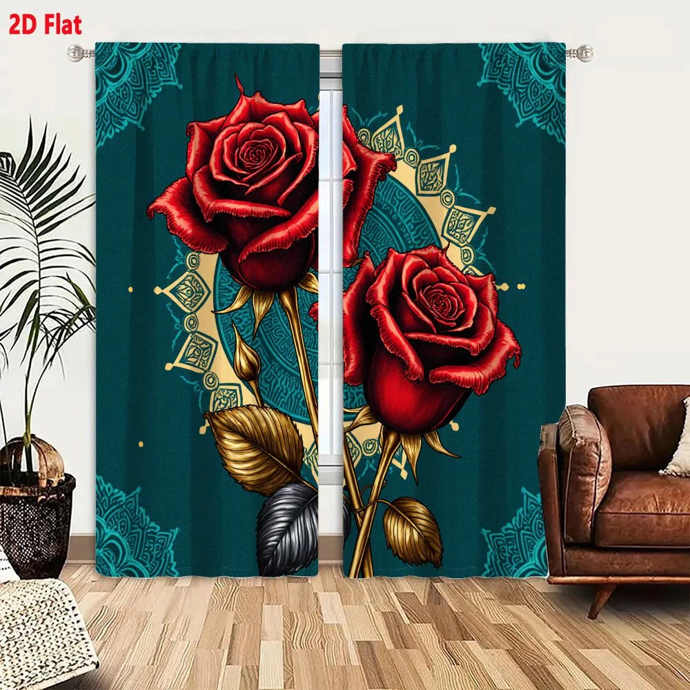 2Pcs Curtains 2D Flat Red Roses With Golden Stems Teal Background Mandala Pattern Artistic Decorative Floral Design Window Drape