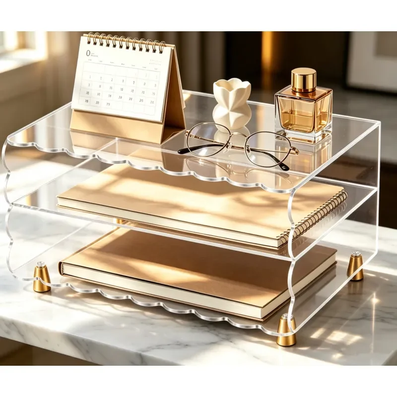 Transparent three-layer acrylic desk storage box, wavy edge, gold base tray, suitable for A4 paper, books, notes, home office