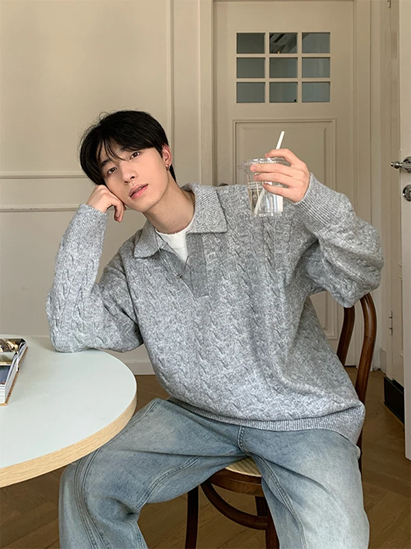 

Loose V-Ne Knitted Sweater Men's Lazy Sle Autumn Winter ey Loose Drapey Two-Piece Effect Knitwear Casual Faion