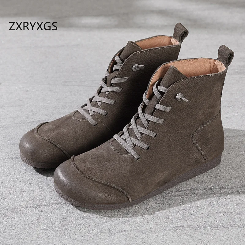 ZXRYXGS Spell Color Splicing Inner and Outer Full Real Leather Boots Trendy Shoes 2025 New Fashion Winter Boots Flat Women Boots