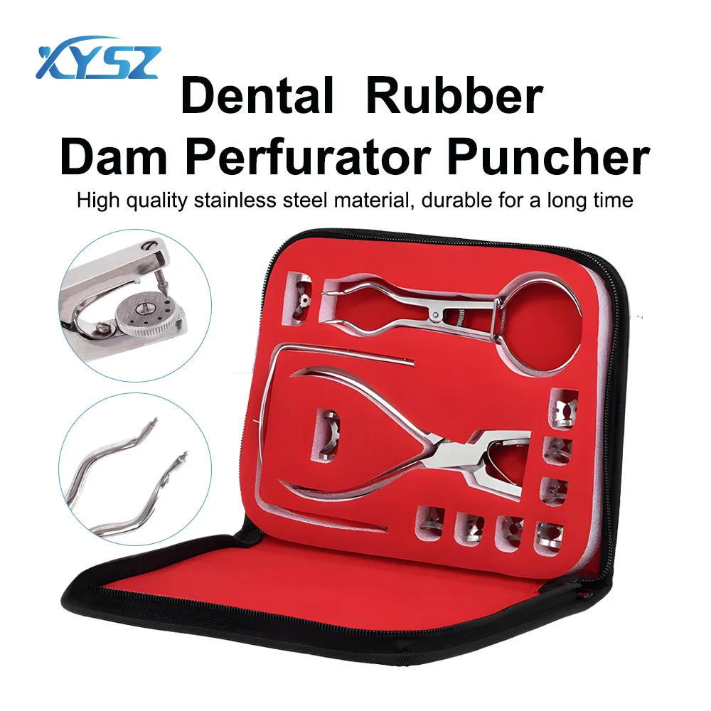 

XYSZ Dentistry Dam Hole Puncher Set With Leather Bag Pliers For Dentist Perforator Rubber Orthodontic Dental Tools Dam Clip