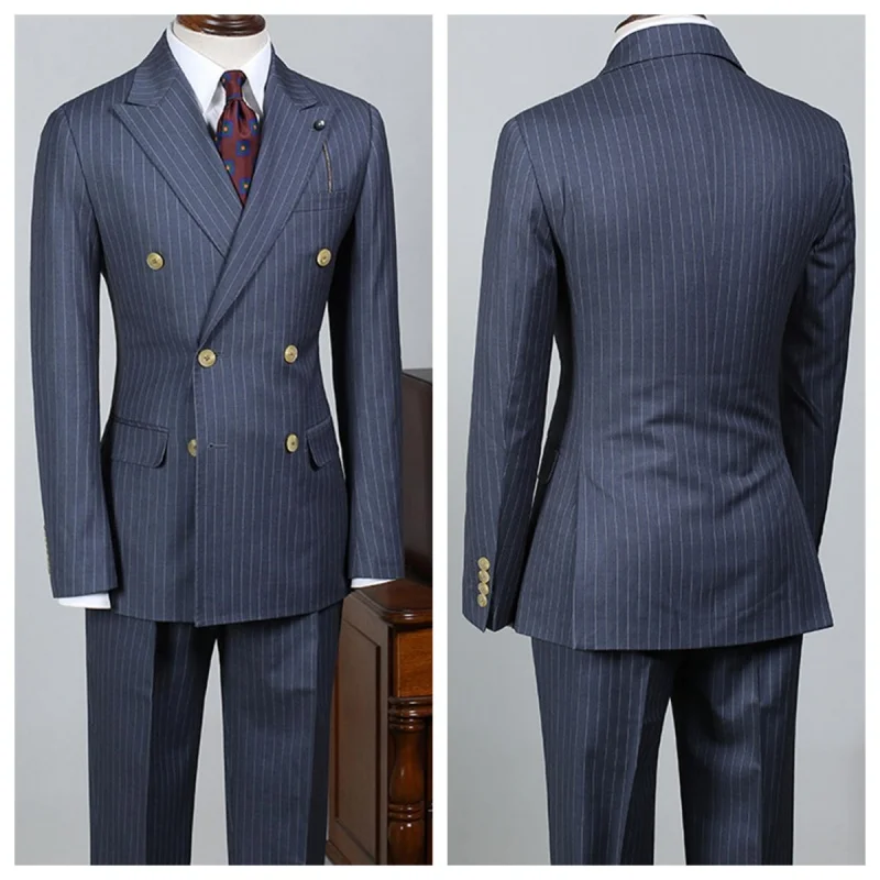 

Classic Navy Striped Men's Suit 2 Piece Set Slim Fit Double Breasted Formal Jacket With Micro Elasticity Business Casual Pants