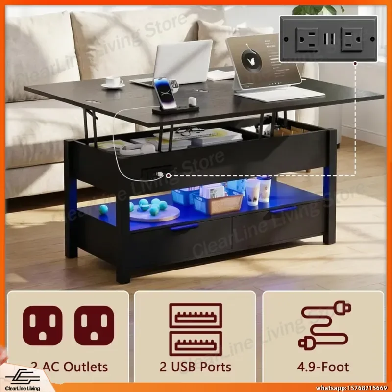40 Inch Lift Top Coffee Table with Power Outlets USB Ports LED Lights Convertible Dining Table Storage Ottoman Living Room