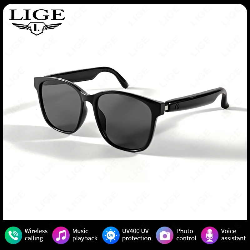 LIGE Fashion AI Smart Bluetooth Glasses Voice Assistant Bluetooth Call Playing Music Men Women Smart Sunglasses Camera Control