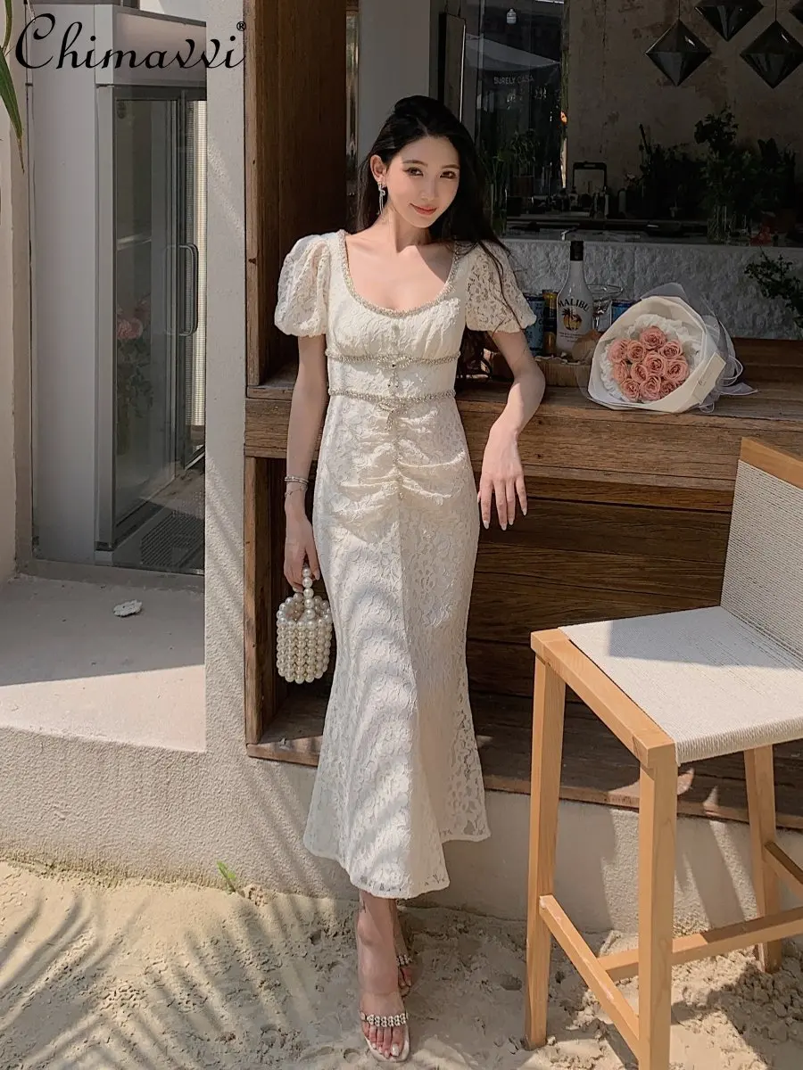 Summer New Women's Fashion Creamy-white Lace Round Neck Short Sleeve Fishtail Dress French Fashion Elegant Party Dress Women