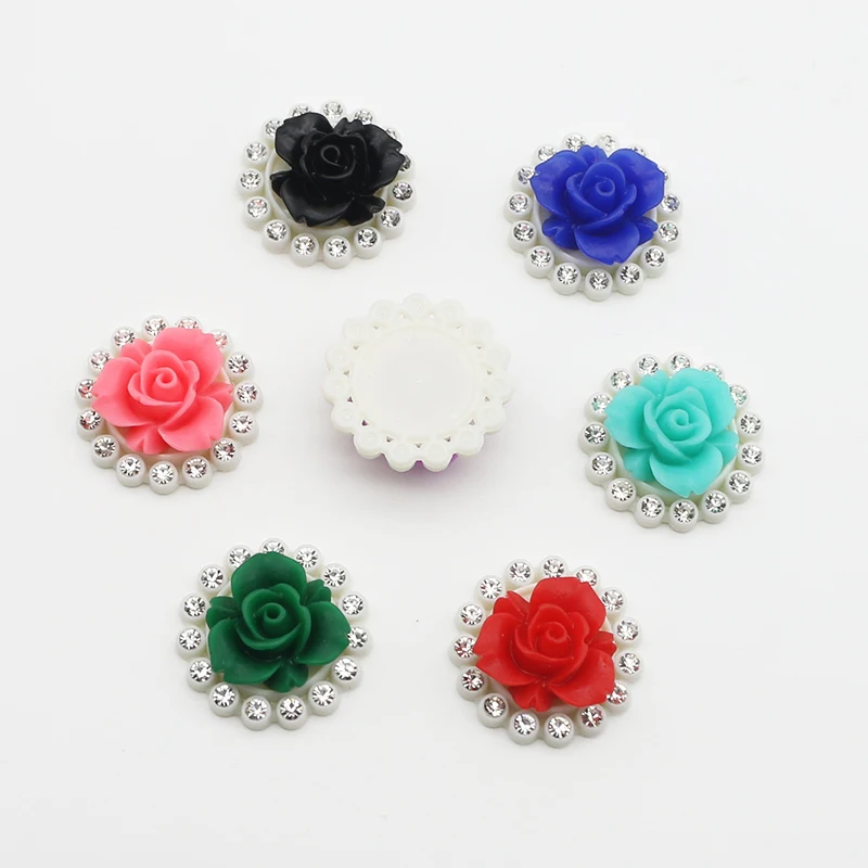 10Pcs 20mm Round Rose Plastic Button Rhinestone Flat Bottom Wedding Bow Ribbon Gift Box Packaging Craft Supplies