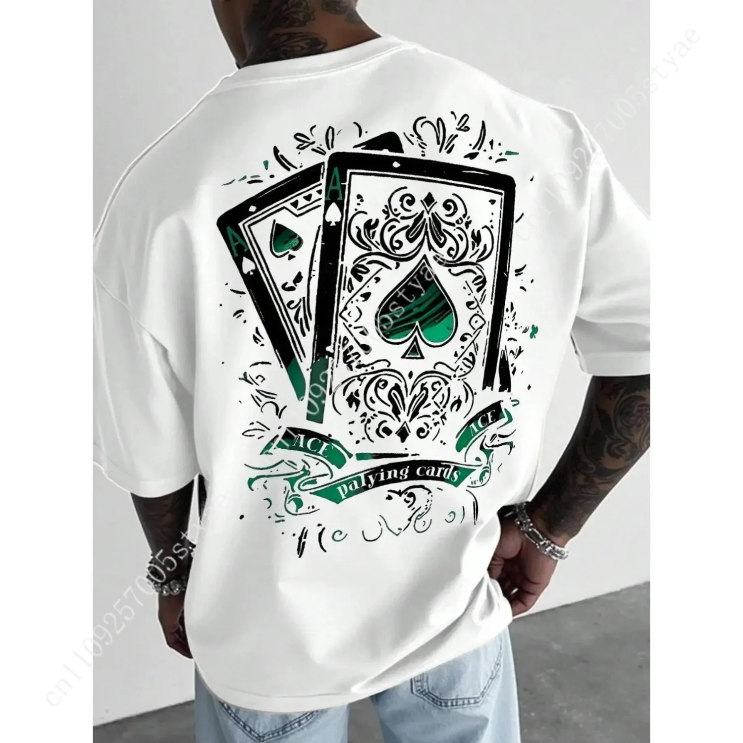 Unisex Spade A Poker Print Short Sleeve T-Shirt, Casual Printed Loose Fit Breathable Round Neck Top, Streetwear Fashion for Musi