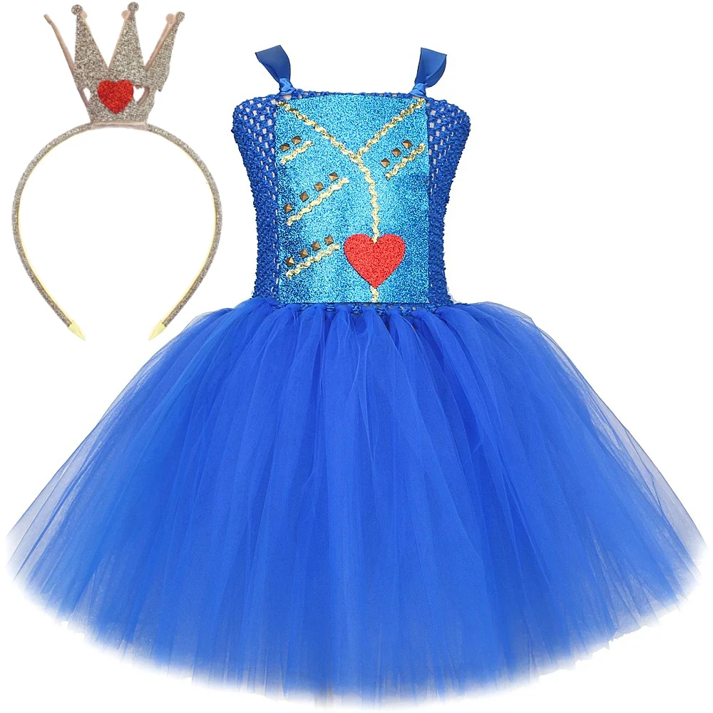 Royal Blue Evie Descendants Costumes Girls Carnival Halloween Dresses for Kids Red Heart Christmas Tutu Outfit with Crown Gloves