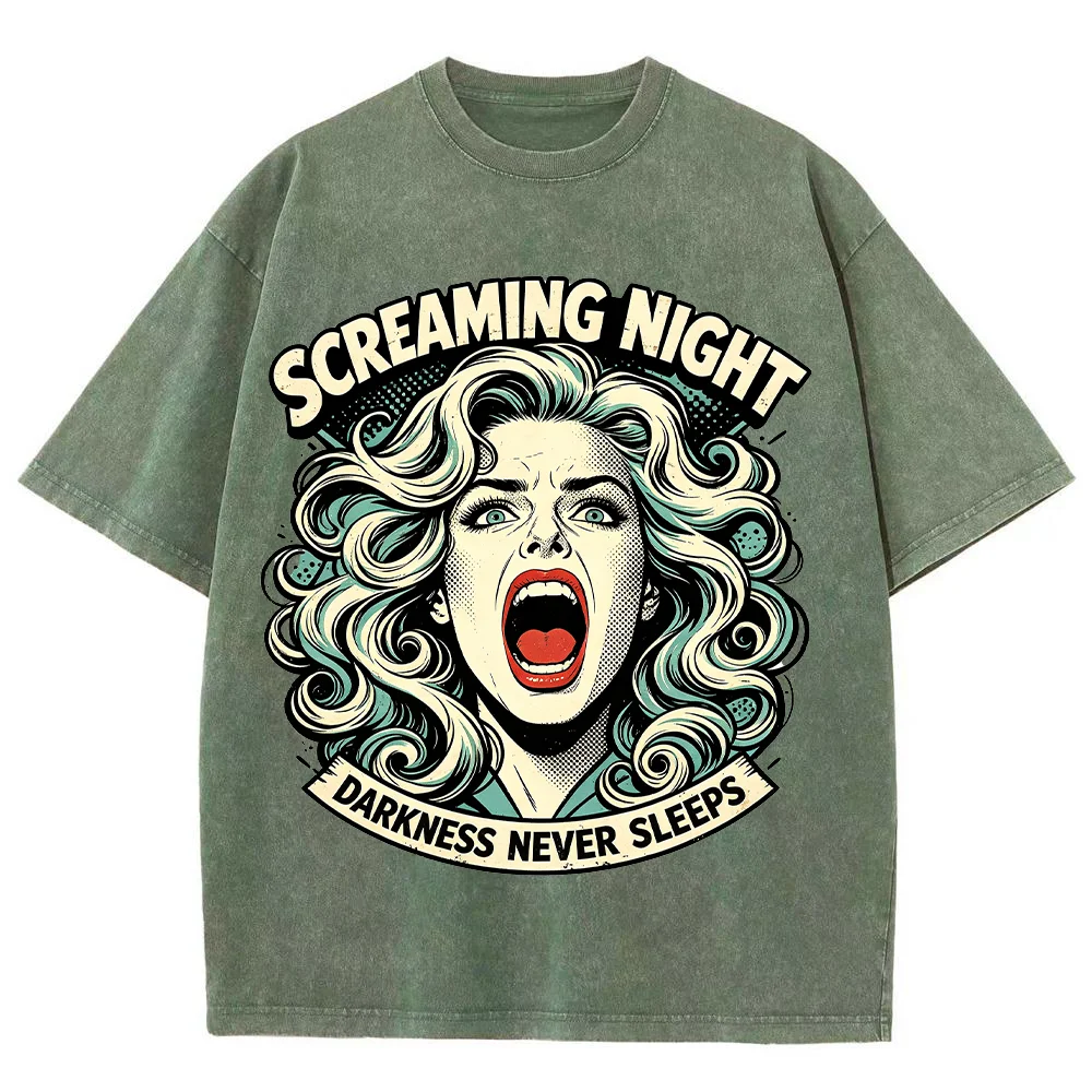Men Women T Shirt Screaming Night Graphic Comic Woman Print Vintage Washed Cotton Oversized Horror Punk Streetwear Casual Top