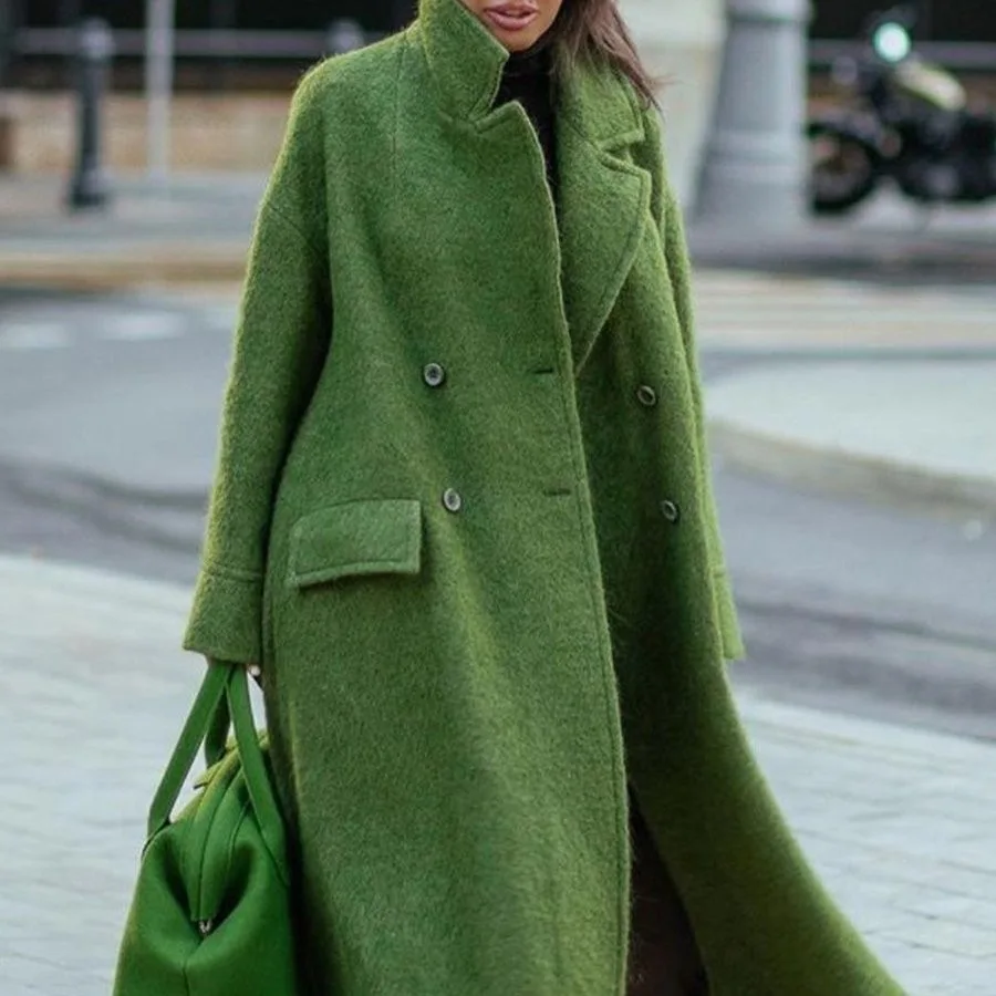 Autumn and winter long tweed coat Solid color temperament commuter belt-less lapel loose tweed green coat