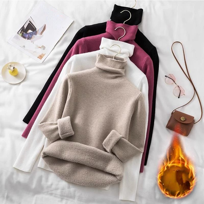 2023 Winter Plus Thick Velvet knit Sweater Bottoming shirt Velvet lining Warm Pullover Sweater female Fashion Thick Sweater