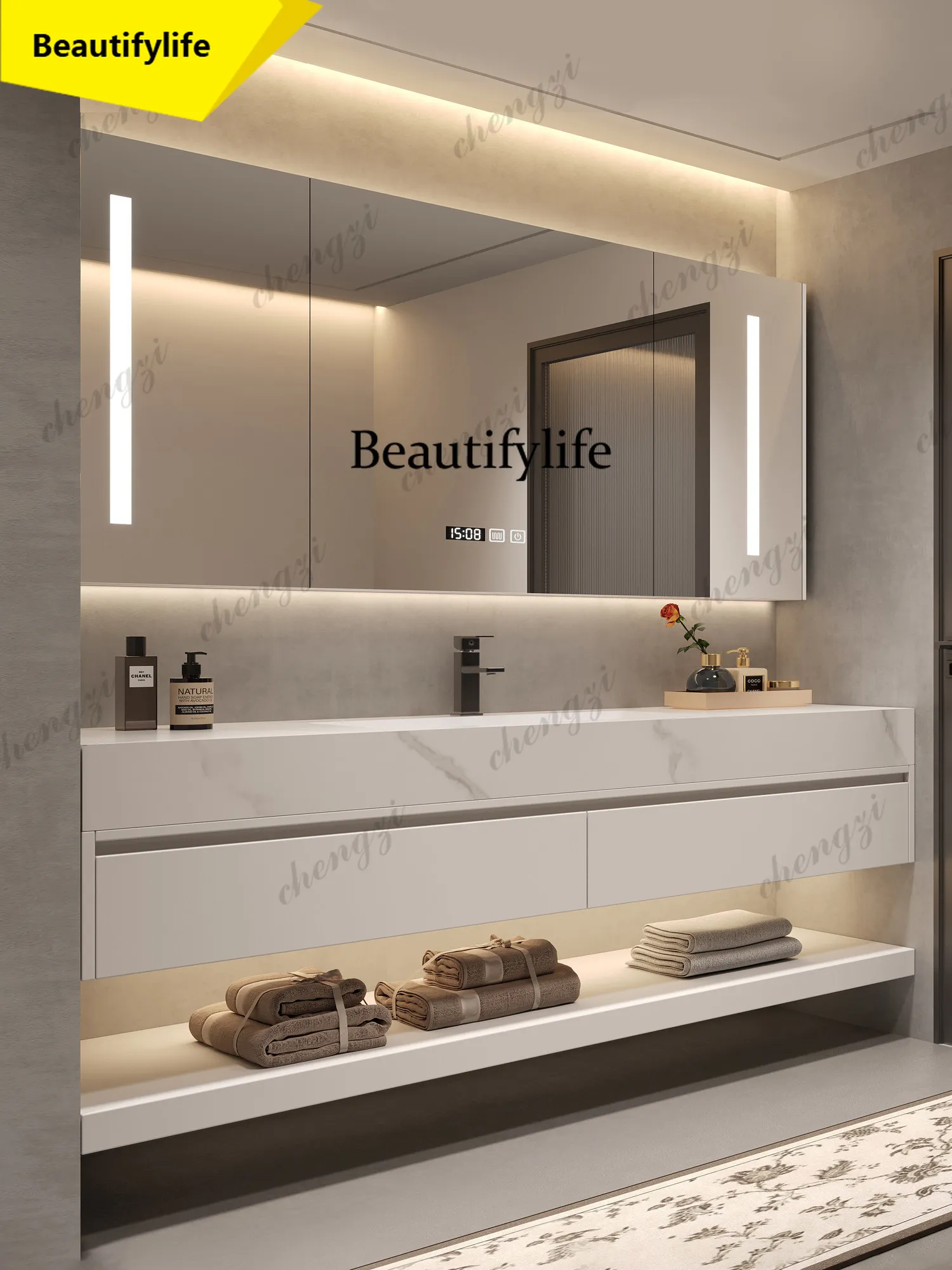 Hotel wind rock slab ceramic seamless basin bathroom cabinet toilet washbasin cabinet combination