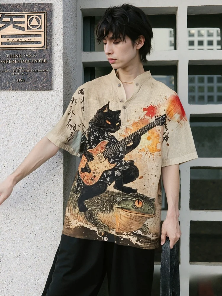 Men's Shirt Japanese Style Holiday Black Cat Riding On Toad Playing Guitar Print Short Sleeve Blouse Male Retro Vintage 2025 Top