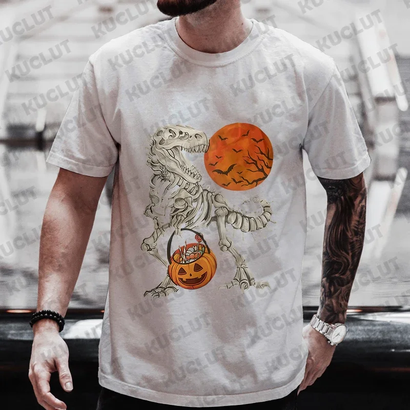 Halloween Dinosaur Skeleton Print Men T-shirts Casual Summer Short Sleeve Tee Funny Graphic Y2k Tops Harajuku Oversized Clothing