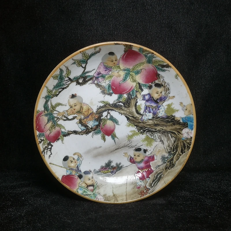 

Old Chinese Porcelain Pastel Peach Boy Lad Plate Saucer Decoration Gift collection Size 13 CM