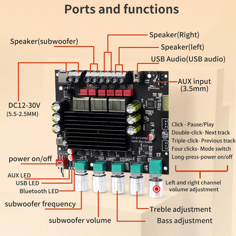 XY-ST21 PRO Scheda audio di potenza 2.1 canali Bluetooth 5.2 Subwoofer stereo Dual-core TPA3221 100WX2 + 200W Amplificatore audio sintonizzato