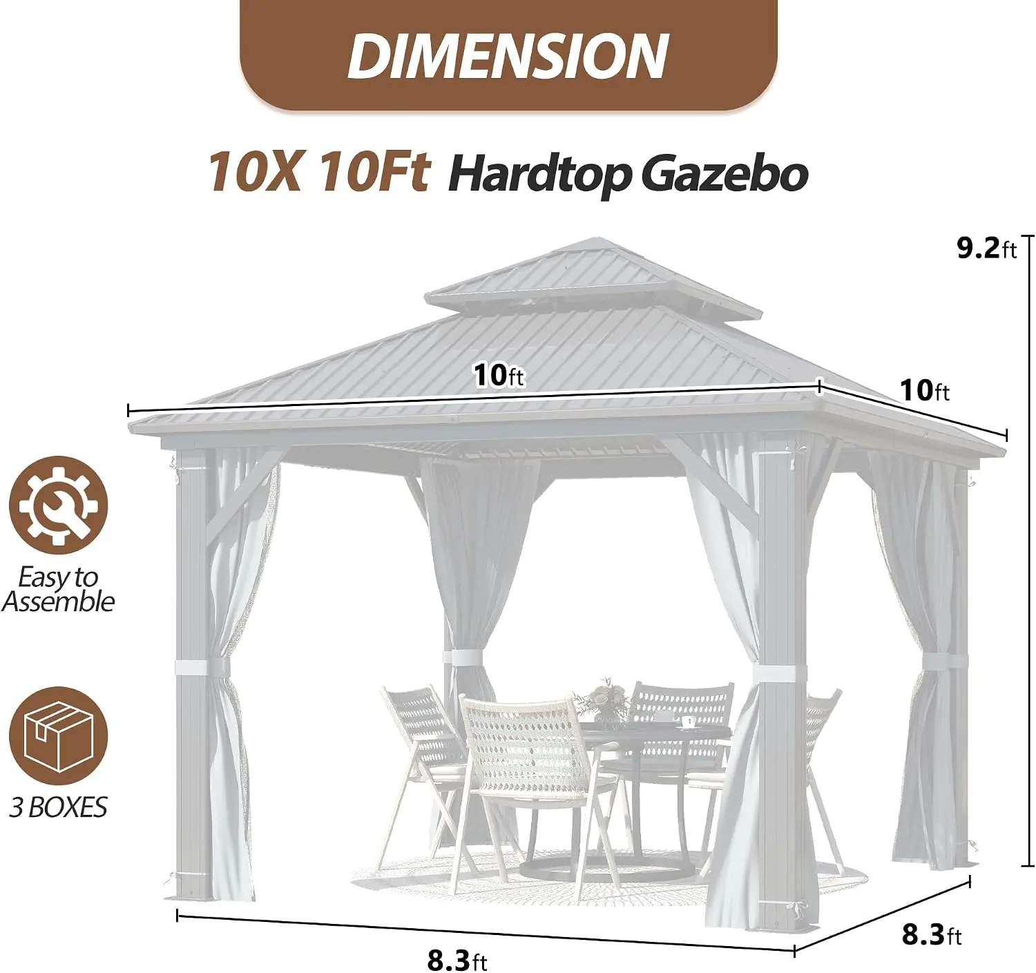 10 X 10ft Hardtop Gazebo, Galvanized Steel Double Roof Gazebo with Nettings and Curtain Outdoor Aluminum Frame Vertical Stripes