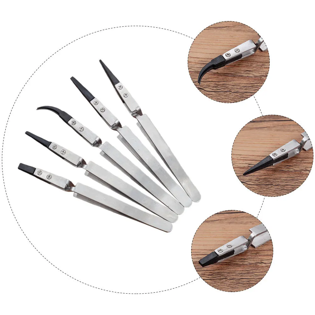 5pcs Precision Ceramic Tweezers Heat Resistant Non-Conductive Anti-Static Stainless Steel Handle For Electronics Repair