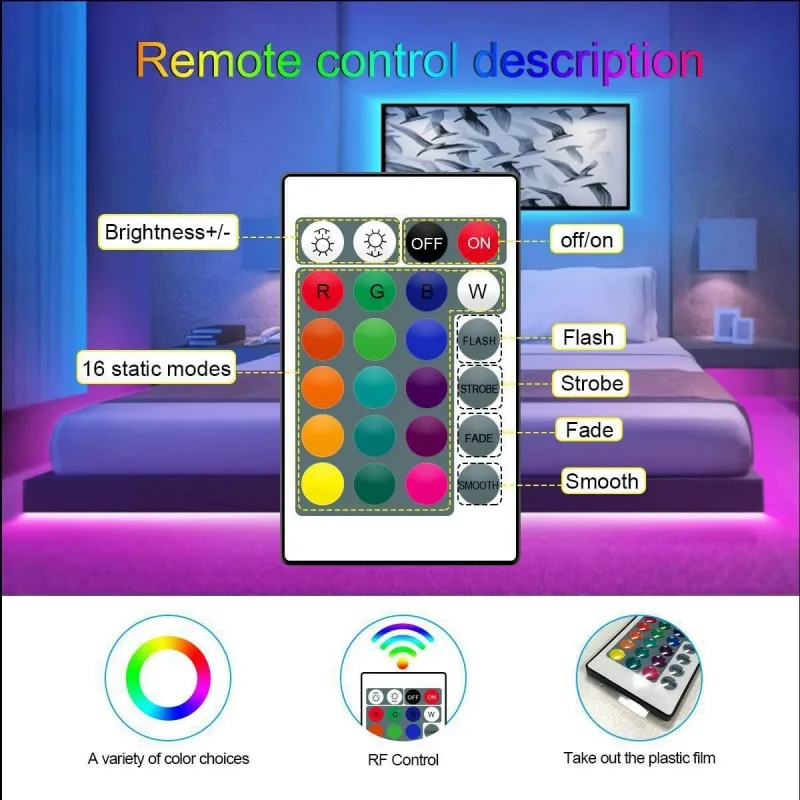 RGBLED strip, suitable for bedroom, intelligent color-changing light with remote control, adjustable color and brightness, flash