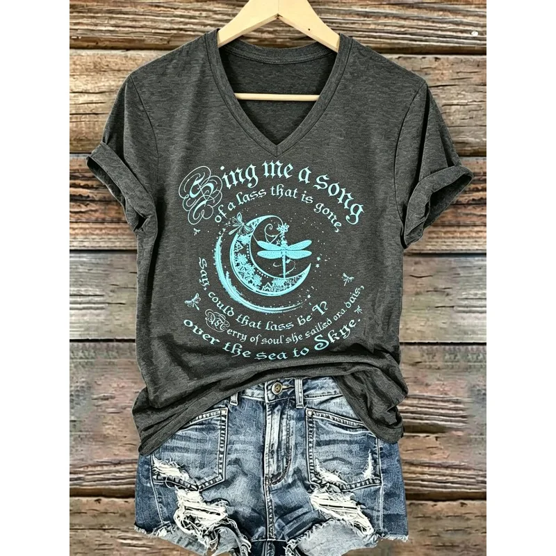 Ilstile Women's Fan Favorite V Neck Tshirt Tv Series Dragonfly Print Casual TShirt Retro Short Sleeve Tee Botanical Graphic Top