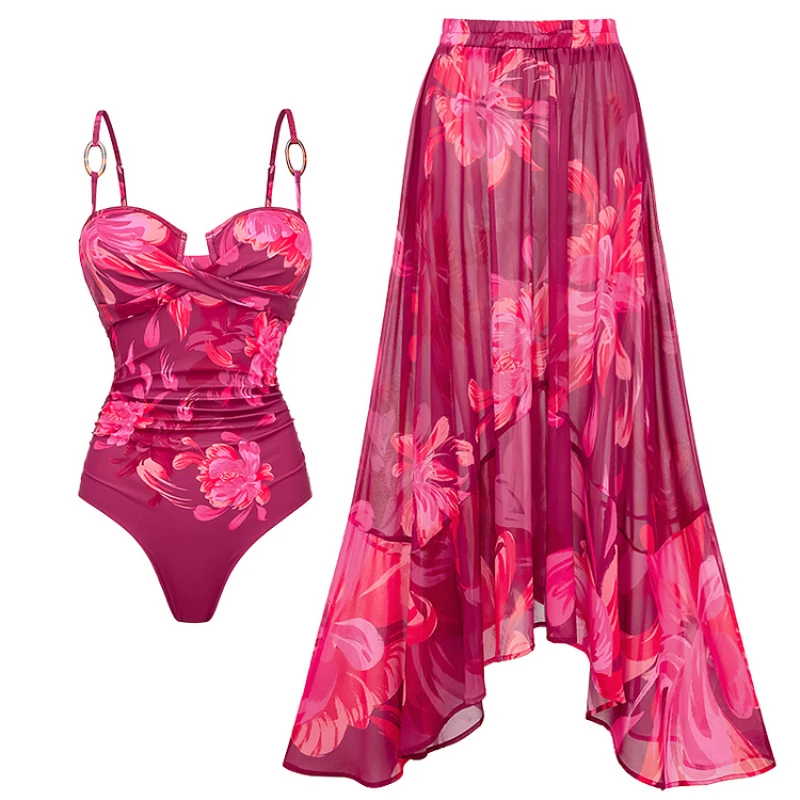 Women Sling Abstract Floral Print One Piece Swimsuit and Skirt Flaxmaker Sexy Deep V Neck Swimwear Sets Vintage Bathingsuit