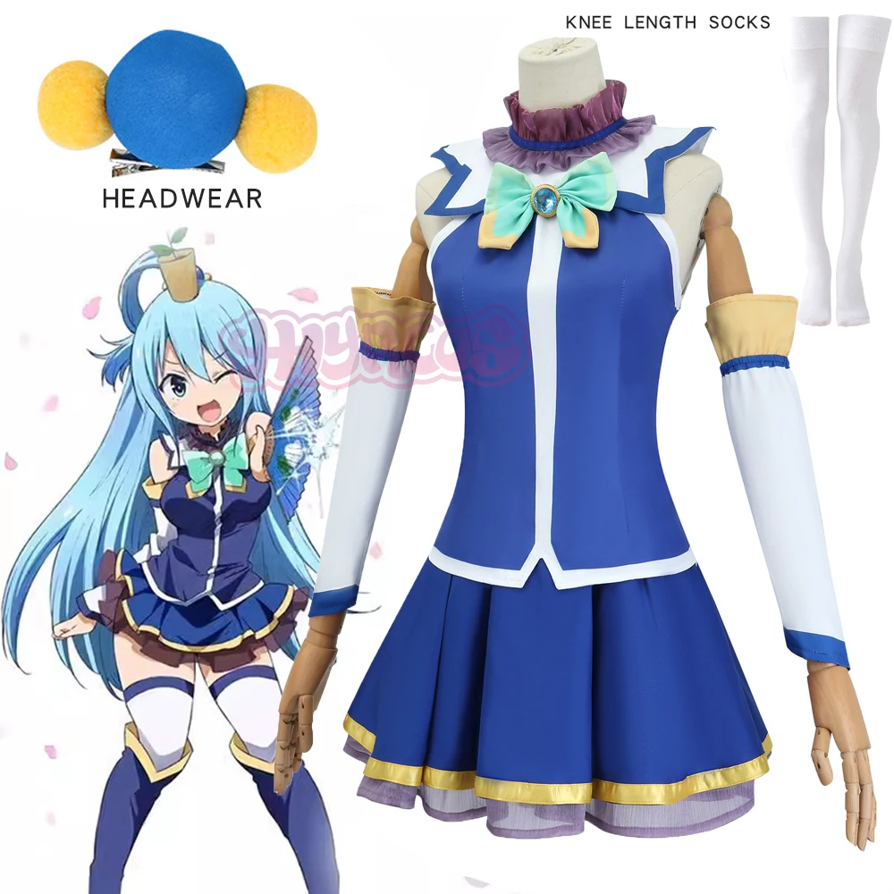 

Anime KonoSuba God's Blessing on This Wonderful World Cosplay Aqua Costume Uniform Dress Wig Set Party Outfit for Women Men