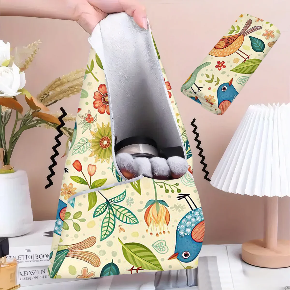 1pc Self-Adhesive Magic Universal Wrapping Cloth Ice Powder Hand-Painted Bird And Floral Pattern Makeup Bag Organizer Case Pouch