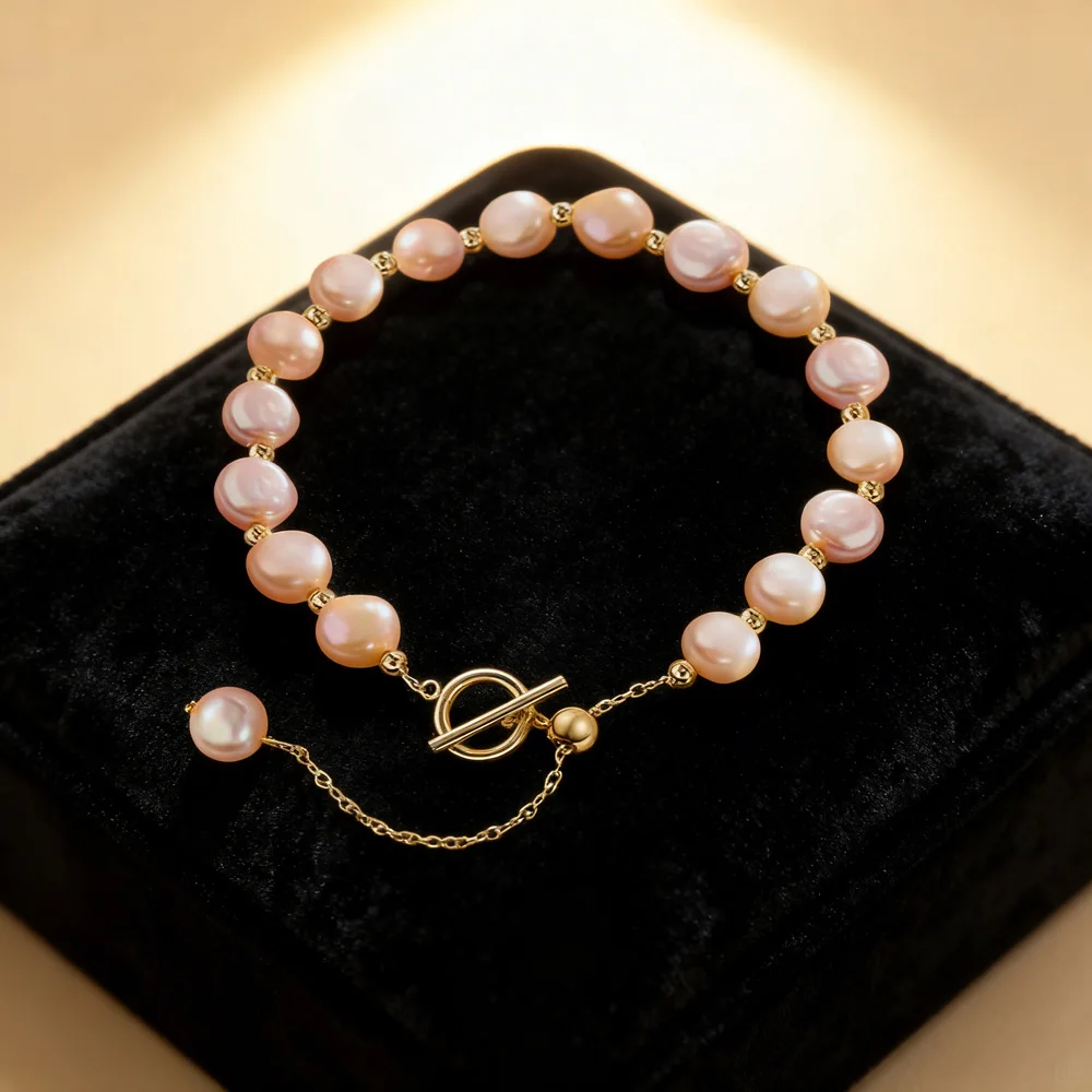 

Hengsheng 6-7mm Pink Baroque Freshwater Pearl Bracelets with Pendant OT Slider Chain 18cm Adjustable Bracelets for Women