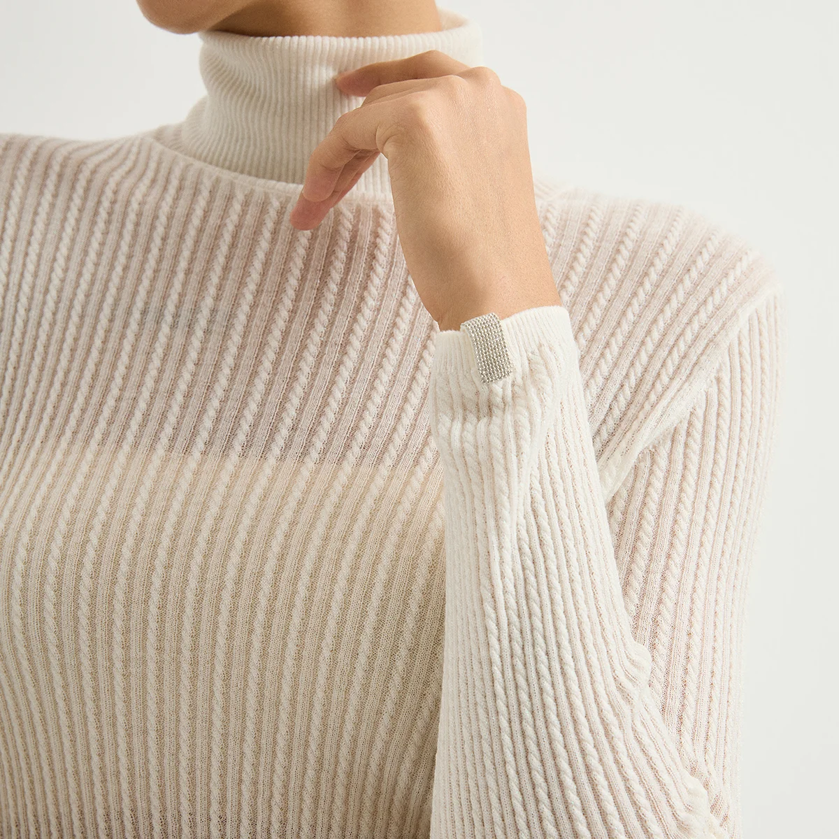 BY3621692 Women's Turtleneck Wool Blend Cable Knit Long Sleeve Pullover Cuff Chain Detail Subtle Shimmer Slim Fit Early Autumn view 2