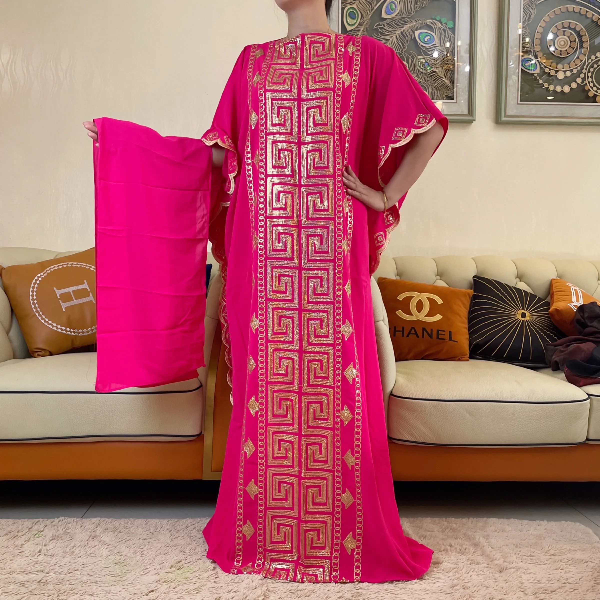 African Women Dress Sequin Embroidery Dubai Femme Luxury Muslim  Abaya For Women Kaftan Islamic Clothing Wth Scarf DR014