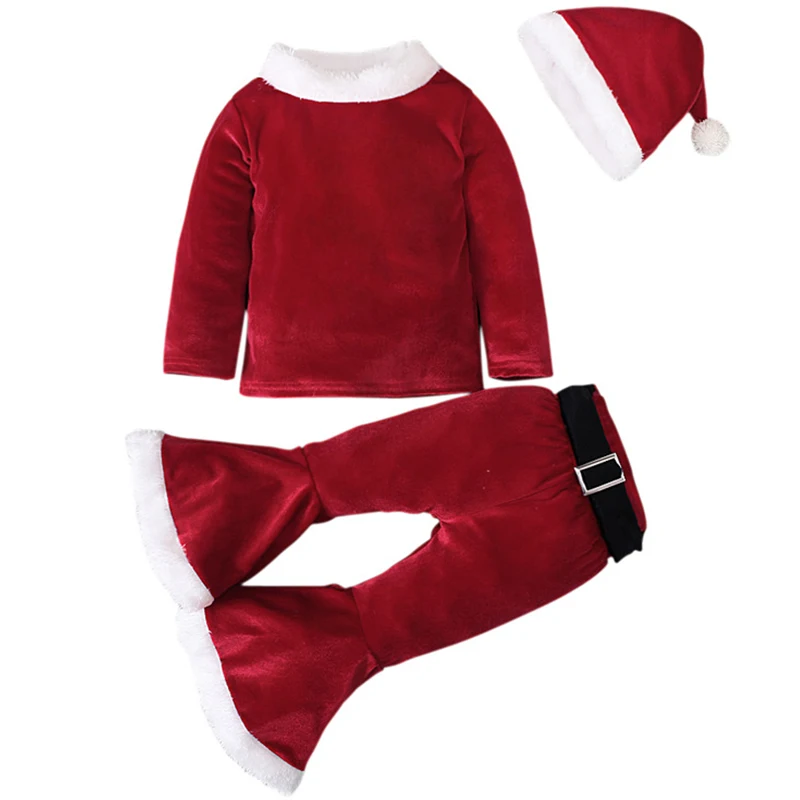 

3Piece Winter Costumes Kids Clothes Girls Christmas Red Fashion Cute Fleece Long Sleeve Tops+Flare Pants Clothing Sets BC2111