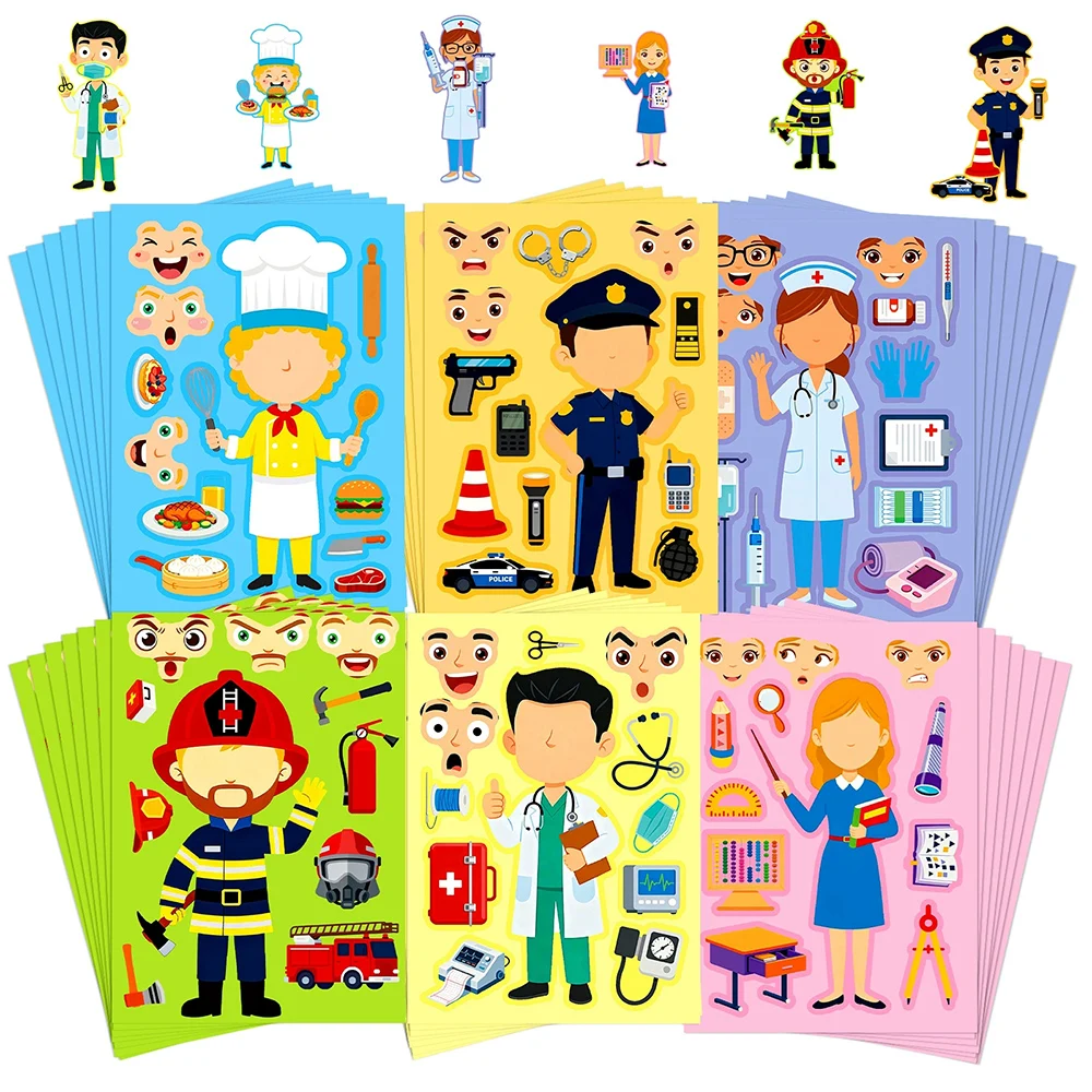 6/12 Blatt Cartoon Polizei Feuerwehrleute Berufspuzzle-Aufkleber Gesichter Zusammenbauen DIY Lustiges Puzzle Lernspielzeug Aufkleber