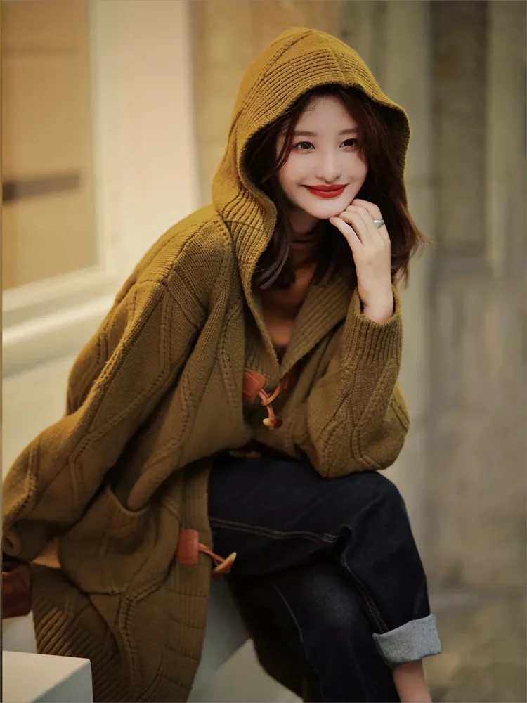 

Hooded Long Knitted Cardigan Thicken Autumn Winter Thick Coat Solid Color Long Swearter Horn Button Long Jacket