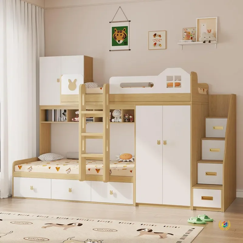 Solid Wood Staggered Bunk Bed for Kids Small Apartment Space Saving Dislocated Upper and Lower Beds Parallel Design Durable