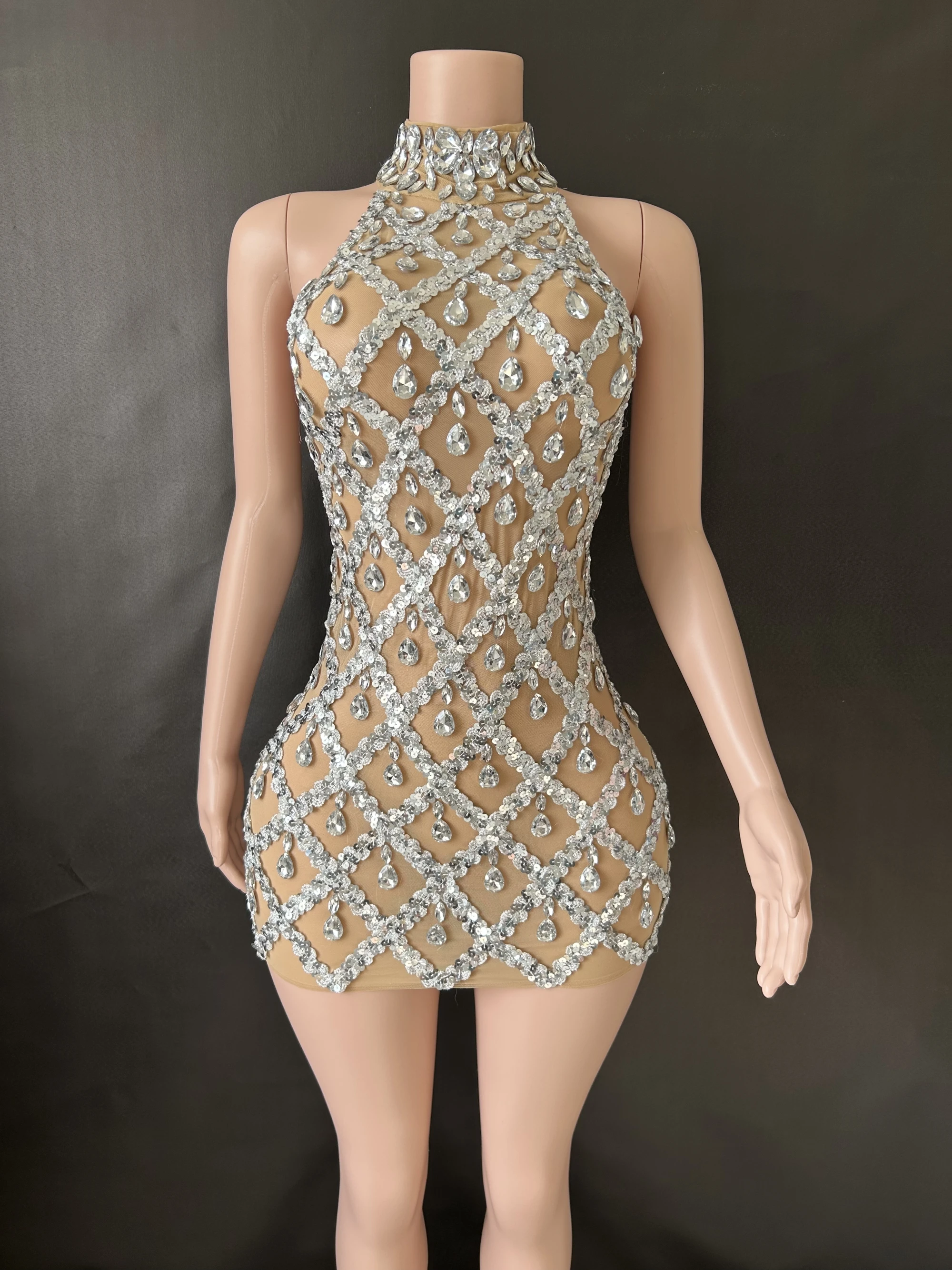 Women Sexy Stage Shining Rhinestone Sequins Dress Evening Prom Birthday Dress Transparent Performance Singer Club Host Dress 7G