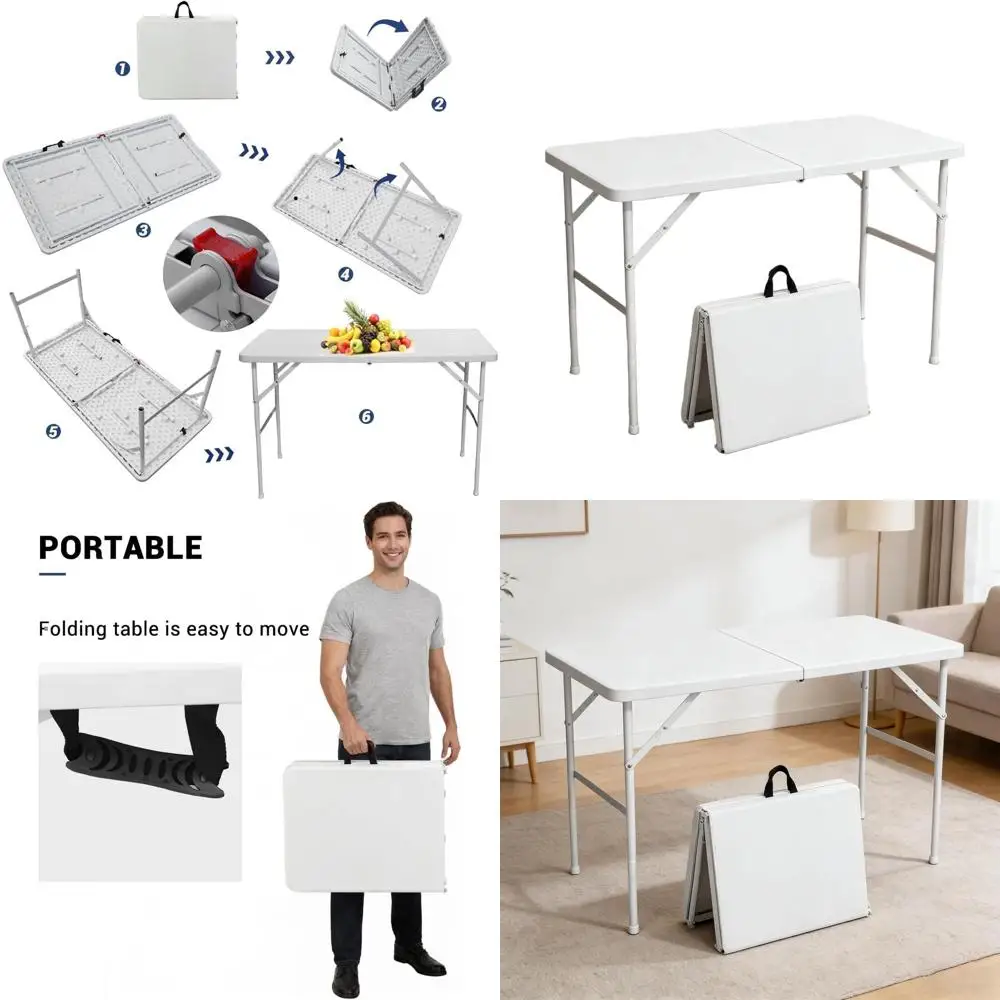 

Портативный складной стол - длинный прямоугольный стол с ручкой для переноски, идеально подходит для обедов, использования в помещении/на улице, кемпинга, пикников и вечеринок.