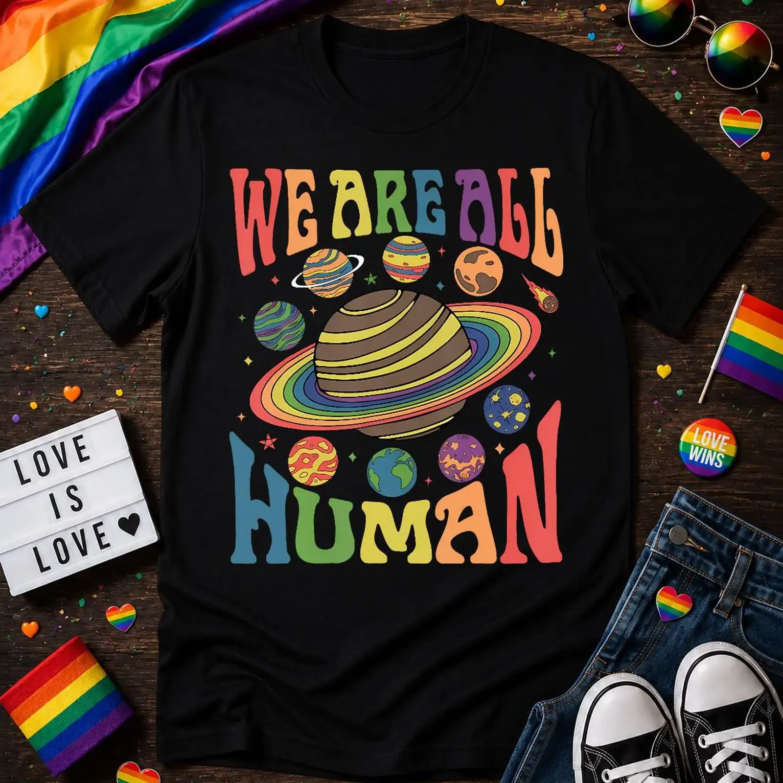 We Are All Human Rainbow Planet Pride T Shirt Retro LGBTQ Equality  vintage Washed graphic streetwear Soft designer clothes