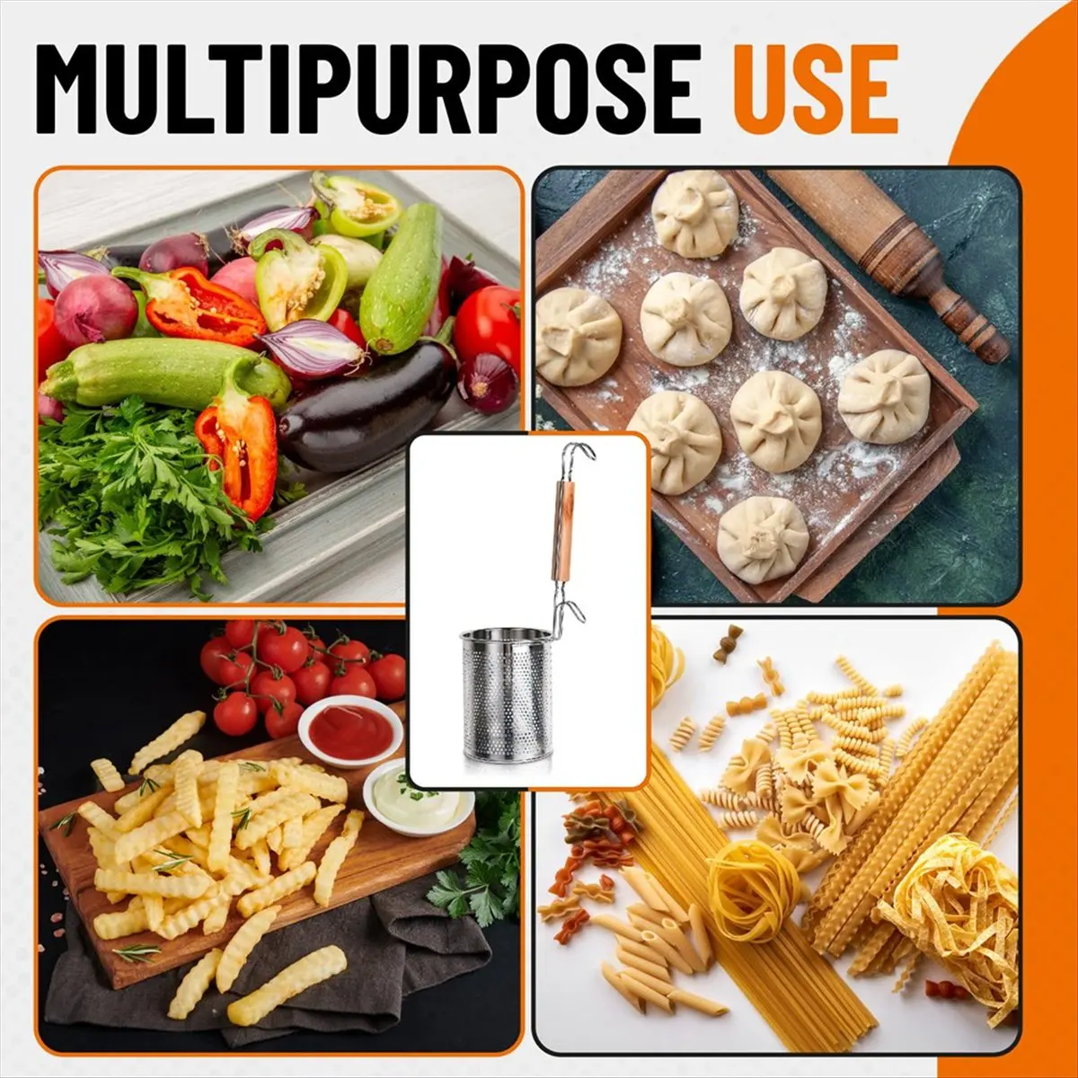 2 Pack Pasta Basket, Stainless Steel Mesh Noodle Strainer Basket with Wooden Handle, for Boiling Food, Pasta, Noodles